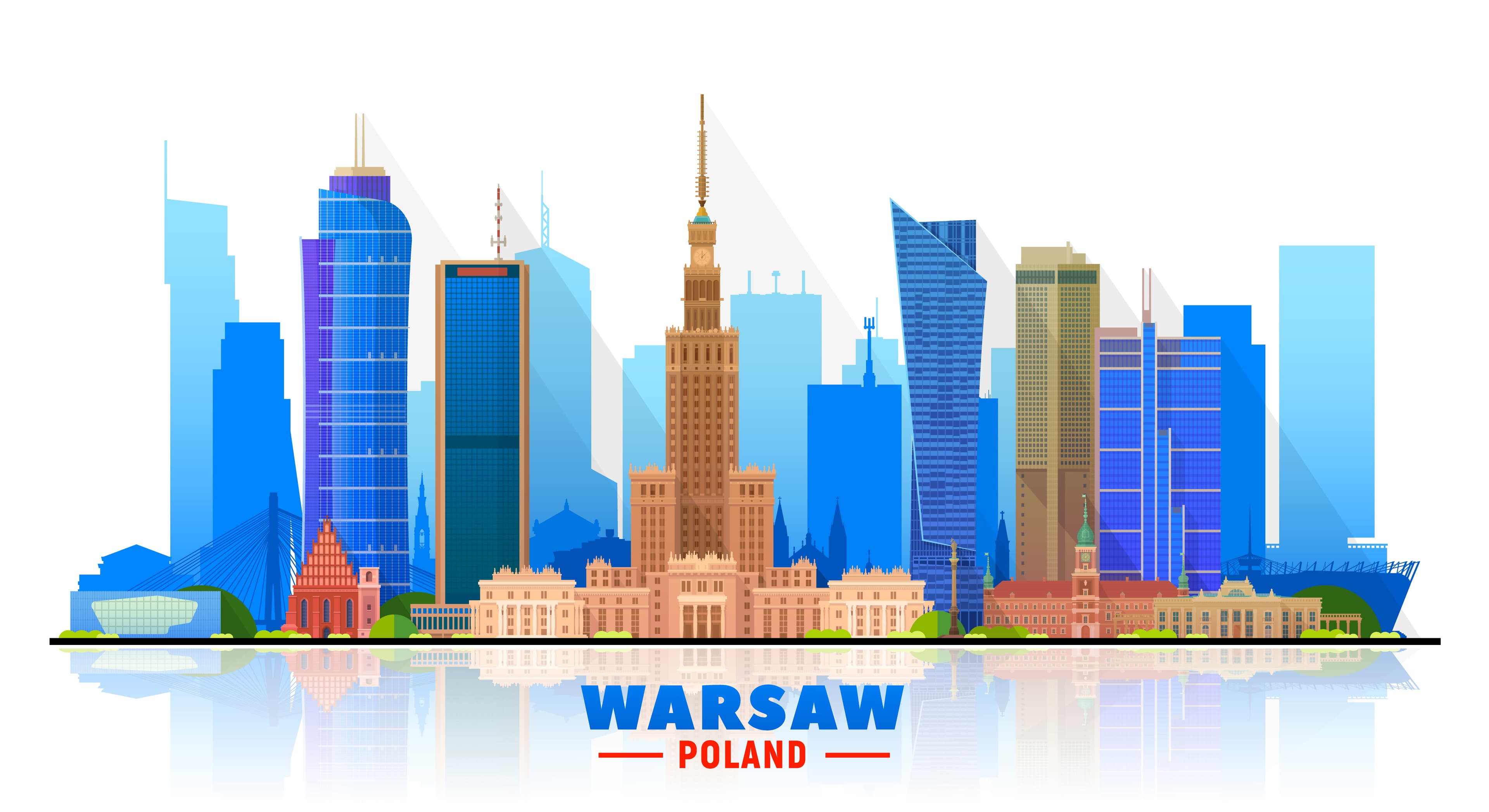panorama-warszawy-wektor Wektorowa panorama Warszawy z najważniejszymi budynkami i napisem Warsaw Poland